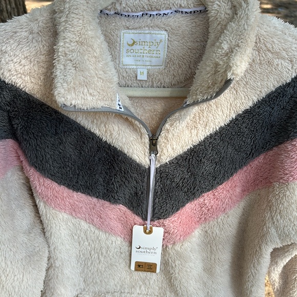 NWT Simply Southern Pink/Gray/Cream Stripe Fleece 3/4 zip Pullover Women’s M - Picture 2 of 5